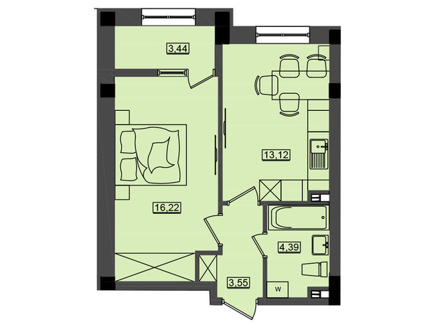 ЖК Дім у моря Premier: планування 1-кімнатної квартири 40.73 м²