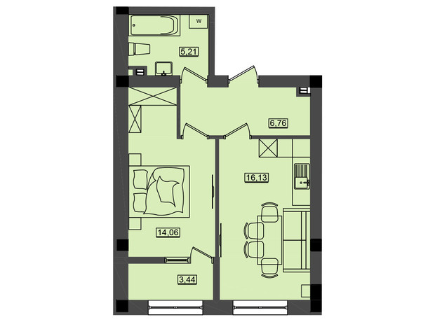 ЖК Дом у моря Premier: планировка 1-комнатной квартиры 45.6 м²