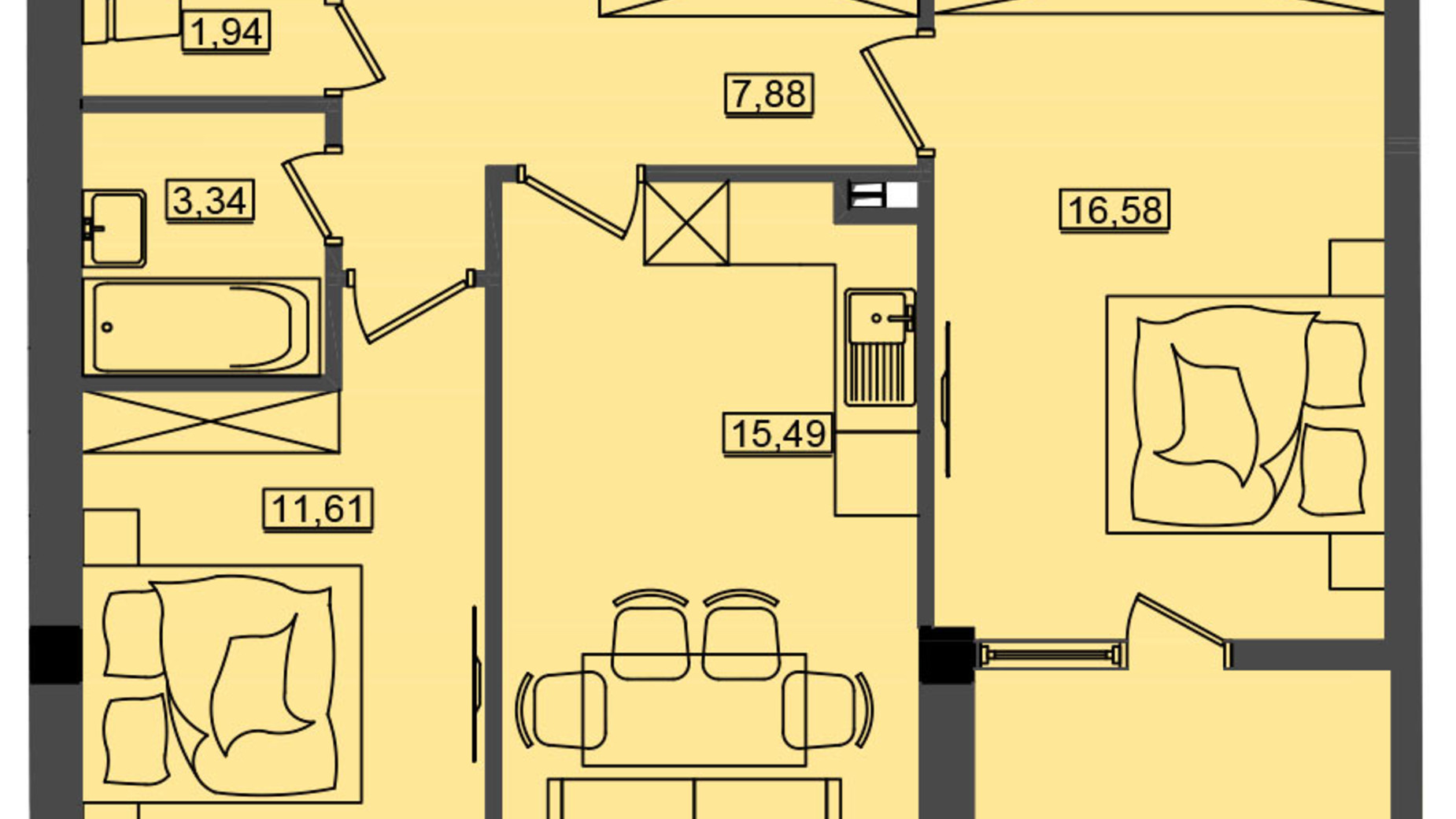 Планировка 2-комнатной квартиры в ЖК Дом у моря Premier 60.51 м², фото 586656