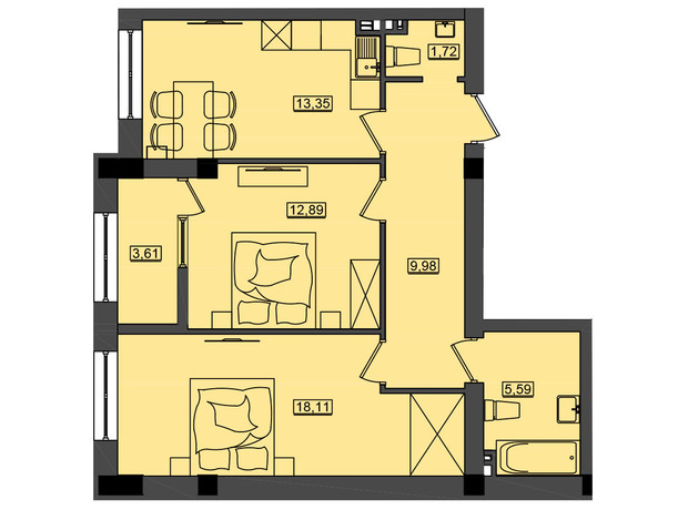 ЖК Дім у моря Premier: планування 2-кімнатної квартири 65.24 м²