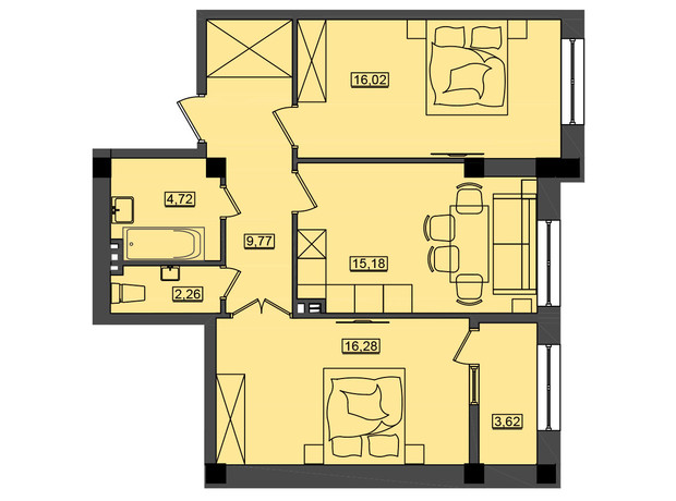 ЖК Дім у моря Premier: планування 2-кімнатної квартири 67.81 м²