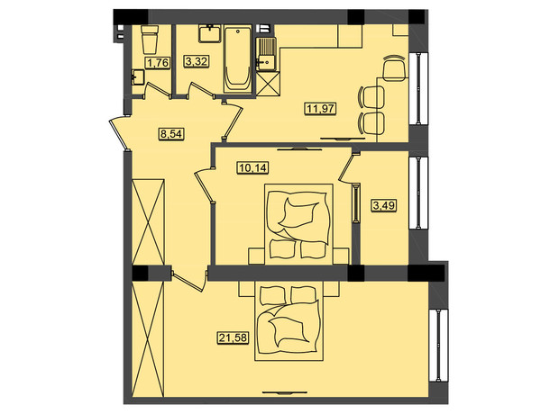 ЖК Дом у моря Premier: планировка 2-комнатной квартиры 60.8 м²