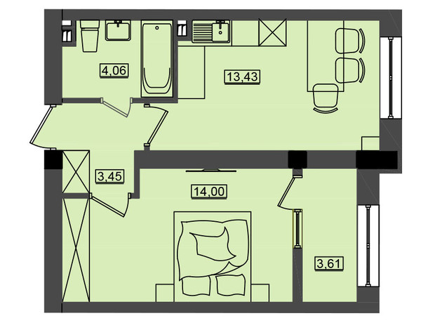 ЖК Дім у моря Premier: планування 1-кімнатної квартири 38.54 м²