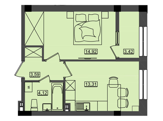 ЖК Дом у моря Premier: планировка 1-комнатной квартиры 39.37 м²