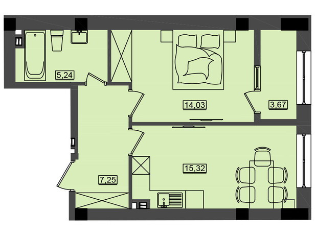 ЖК Дім у моря Premier: планування 1-кімнатної квартири 45.22 м²