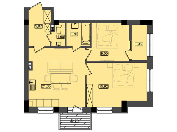 ЖК Дім у моря Premier: планування 2-кімнатної квартири 61.32 м²