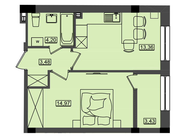 ЖК Дім у моря Premier: планування 1-кімнатної квартири 39.43 м²