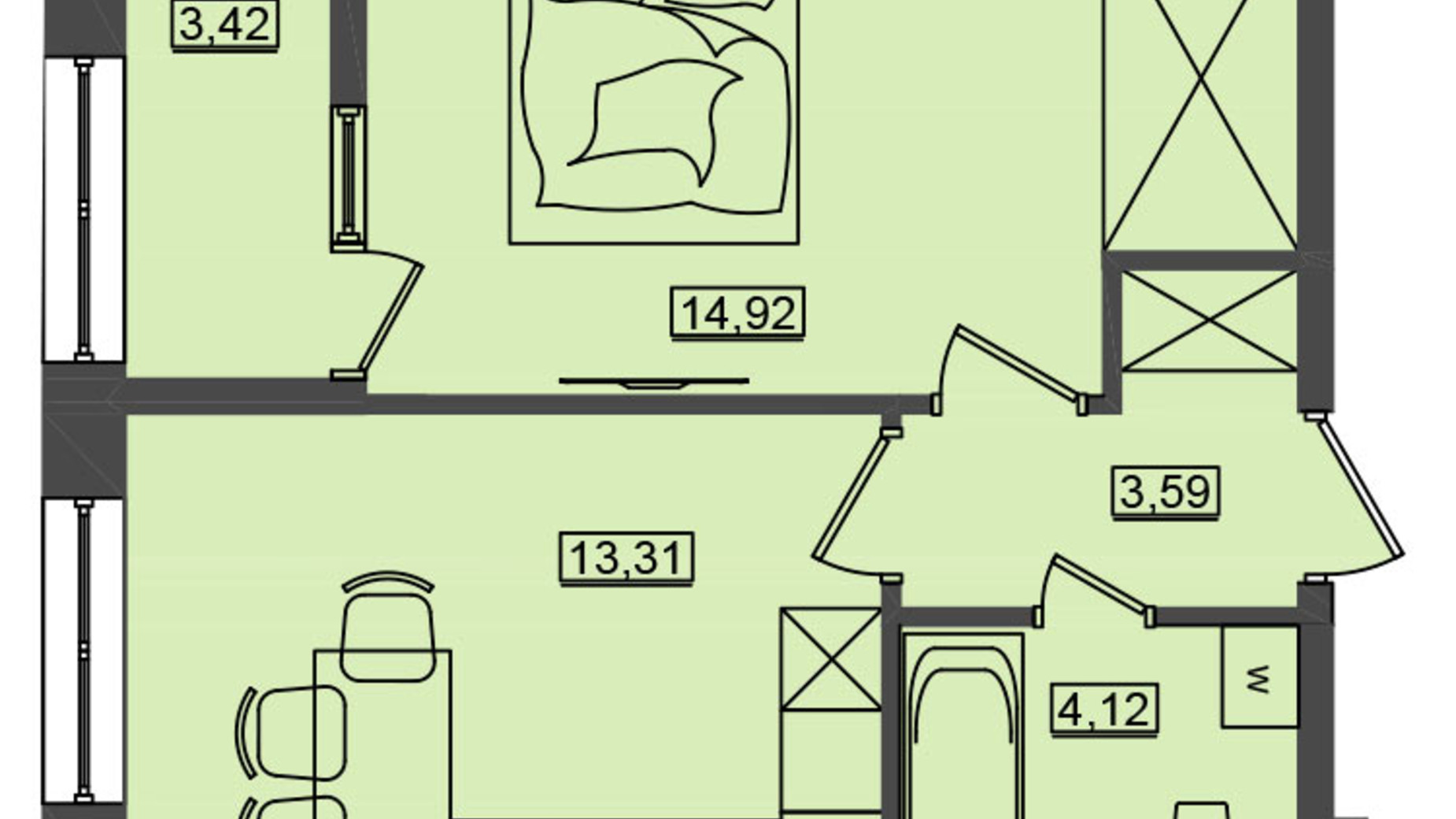 Планування 1-кімнатної квартири в ЖК Дім у моря Premier 39.37 м², фото 586714