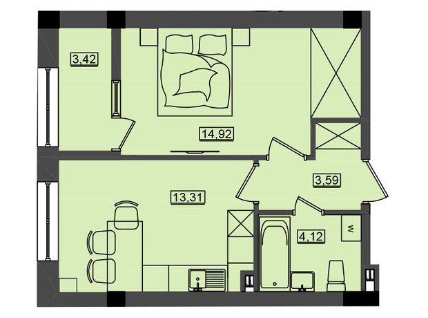 ЖК Дом у моря Premier: планировка 1-комнатной квартиры 39.37 м²