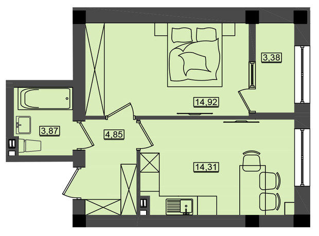 ЖК Дім у моря Premier: планування 1-кімнатної квартири 41.34 м²