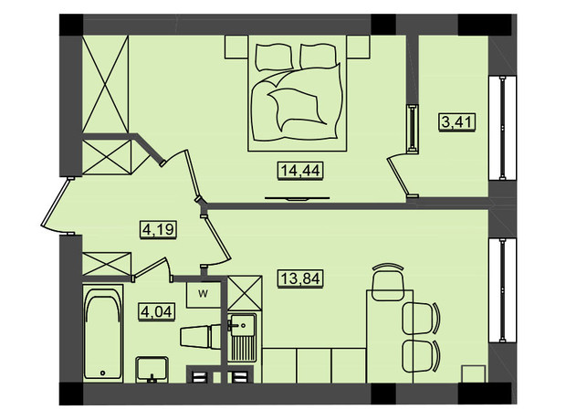 ЖК Дім у моря Premier: планування 1-кімнатної квартири 39.93 м²