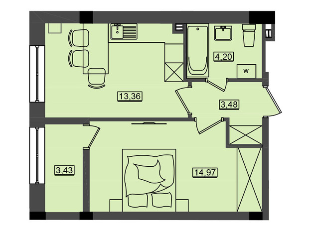 ЖК Дім у моря Premier: планування 1-кімнатної квартири 39.43 м²