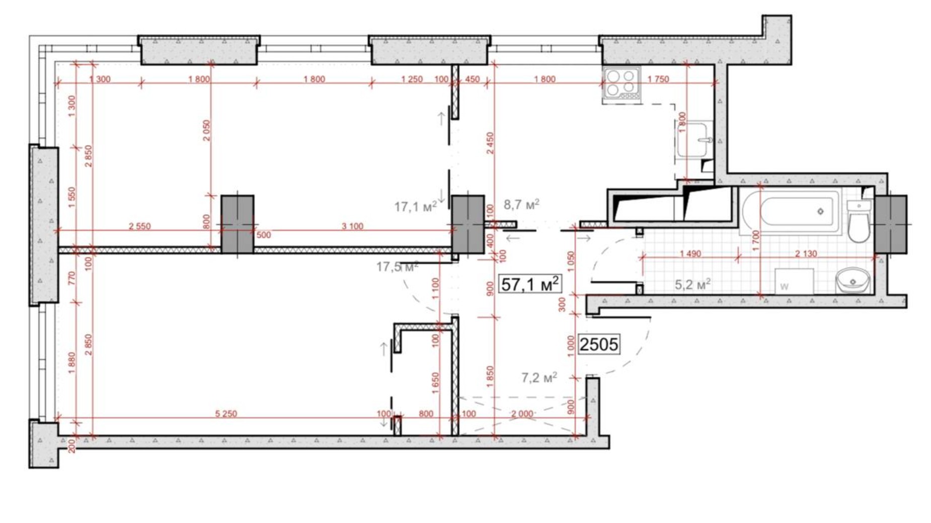 Планировка свободная планировка квартиры в ЖК Миронова 57.1 м², фото 586992