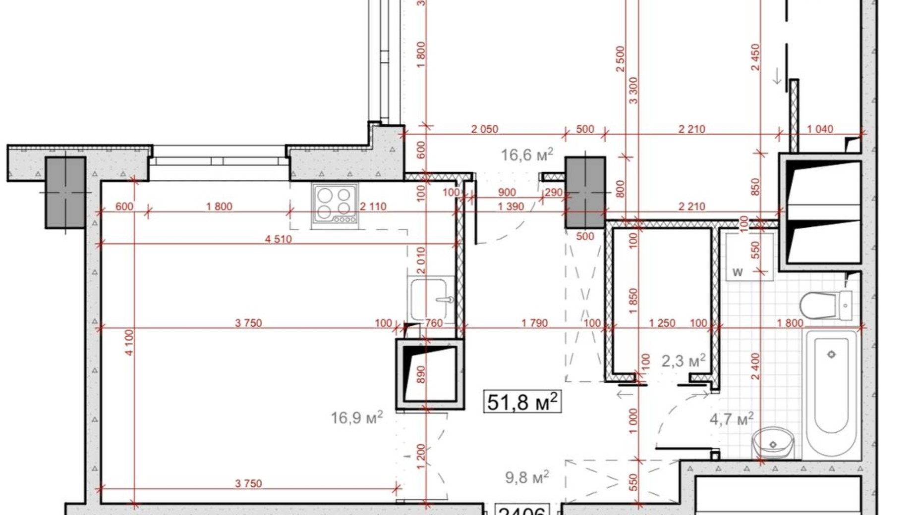 Планування вільне планування квартири в ЖК Миронова 51.8 м², фото 586999