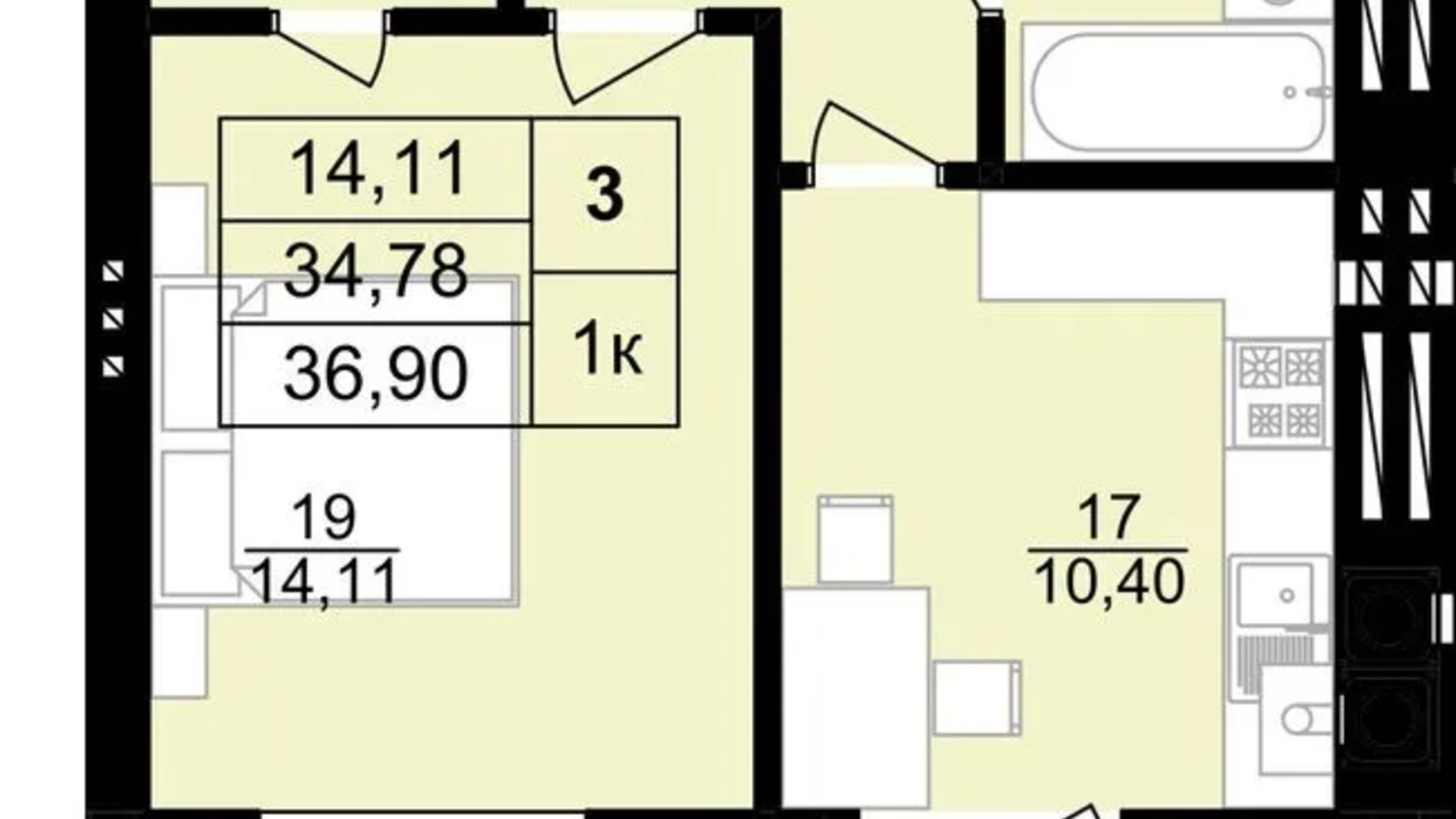 Планування 1-кімнатної квартири в ЖК на Корольова 39.7 м², фото 587006