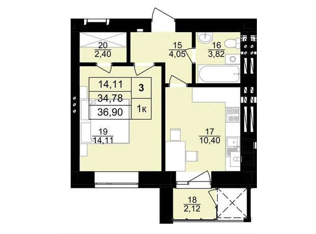 ЖК на Королева: планировка 1-комнатной квартиры 39.7 м²