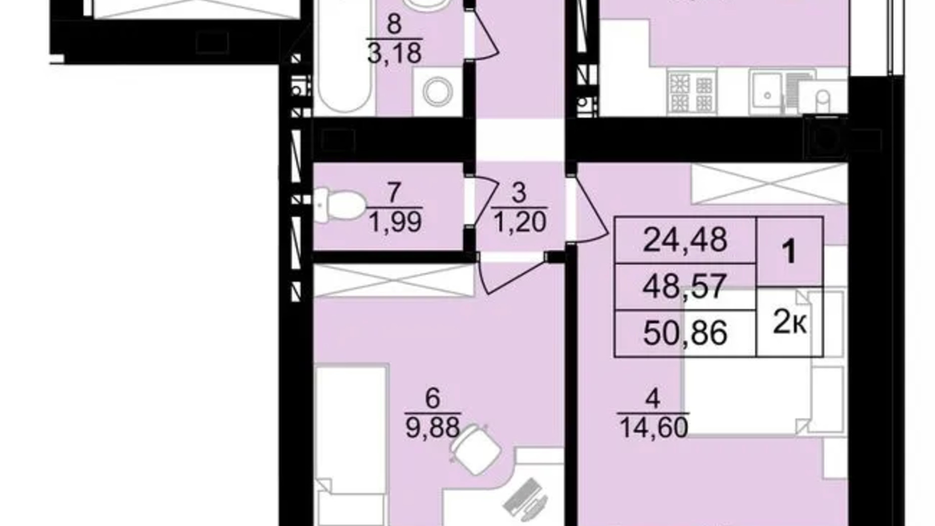 Планировка 2-комнатной квартиры в ЖК на Королева 54.4 м², фото 587007