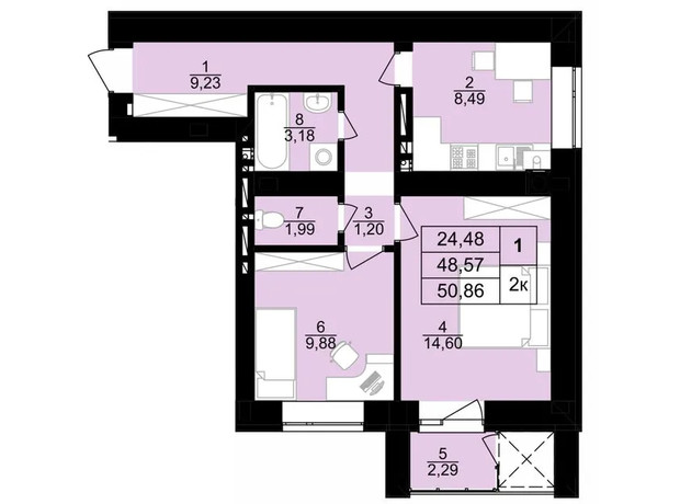 ЖК на Корольова: планування 2-кімнатної квартири 54.4 м²