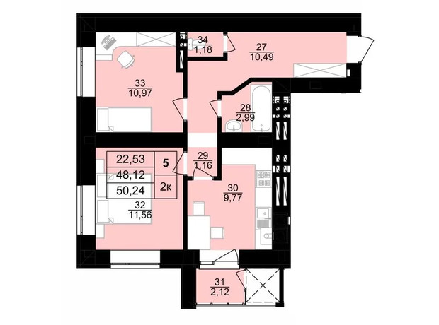 ЖК на Королева: планировка 2-комнатной квартиры 54.4 м²