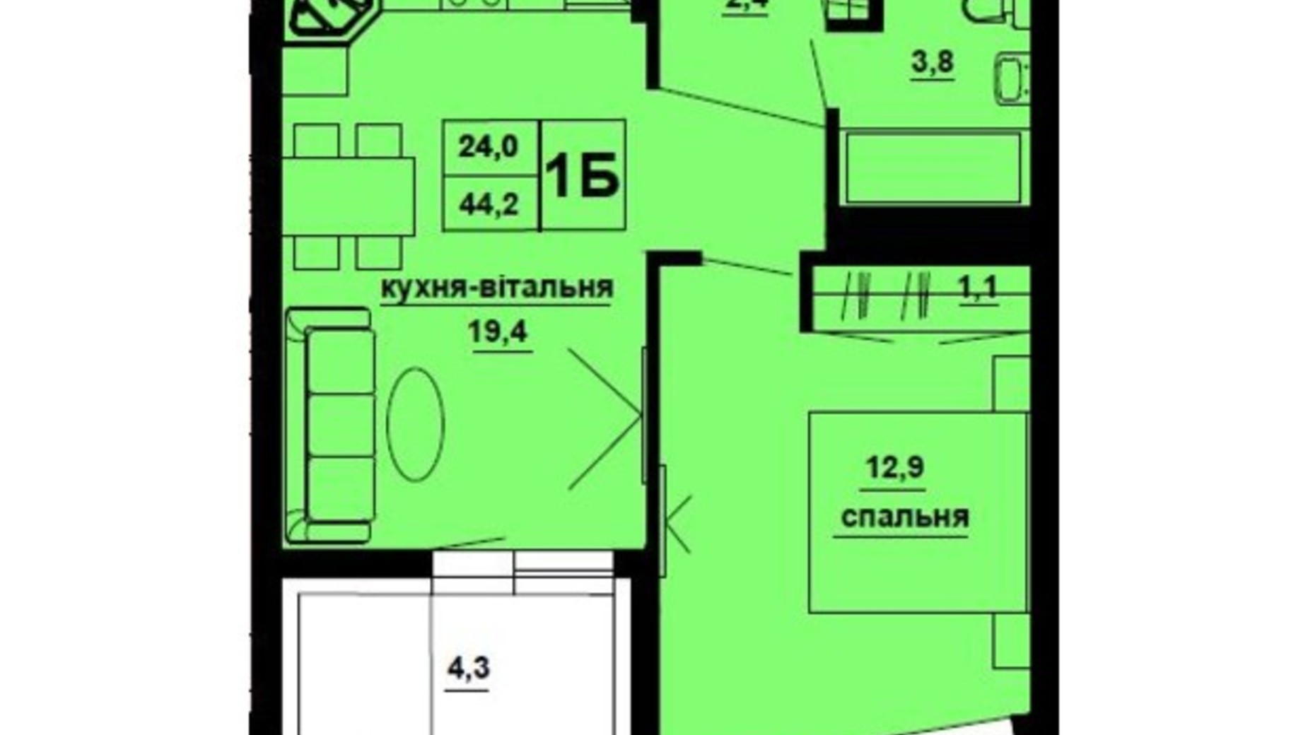 Планування 1-кімнатної квартири в ЖК Домініканський 44.2 м², фото 587084