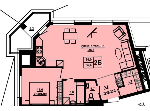 ЖК Домініканський: планування 2-кімнатної квартири 65.4 м²