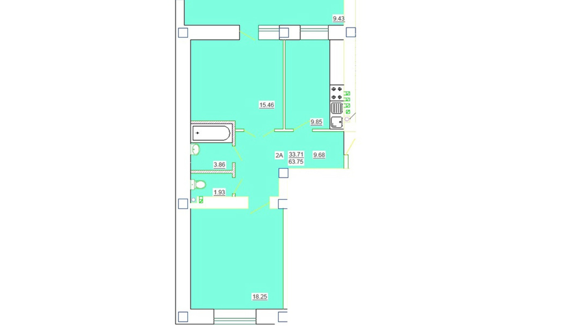 Планировка 2-комнатной квартиры в ЖК Одесский Двор 63.75 м², фото 58720