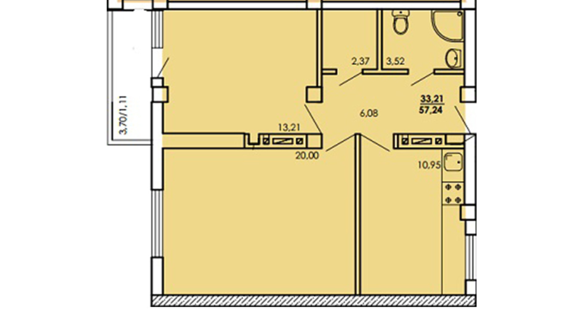 Планировка 2-комнатной квартиры в ЖК Одесский Двор 57.24 м², фото 58721