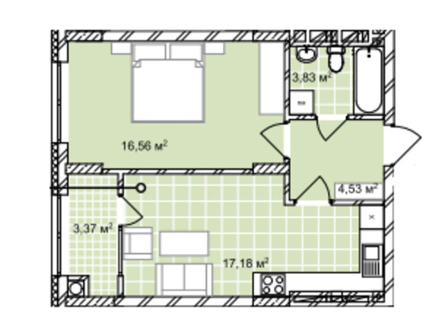 ЖК Софиевка: планировка 1-комнатной квартиры 45.47 м²