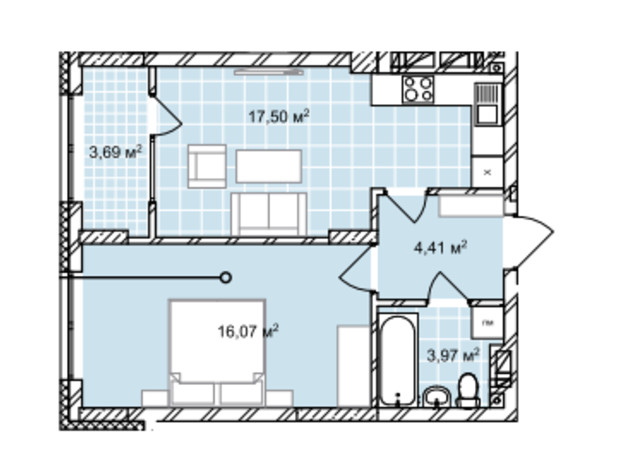 ЖК Софиевка: планировка 1-комнатной квартиры 45.64 м²