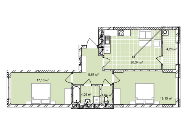 ЖК Софіївка: планування 2-кімнатної квартири 74.17 м²