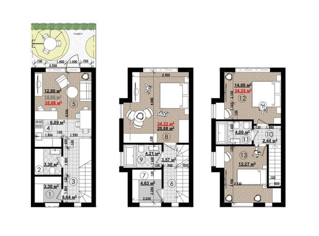Таунхаус New Smart 13: планування 3-кімнатної квартири 110 м²