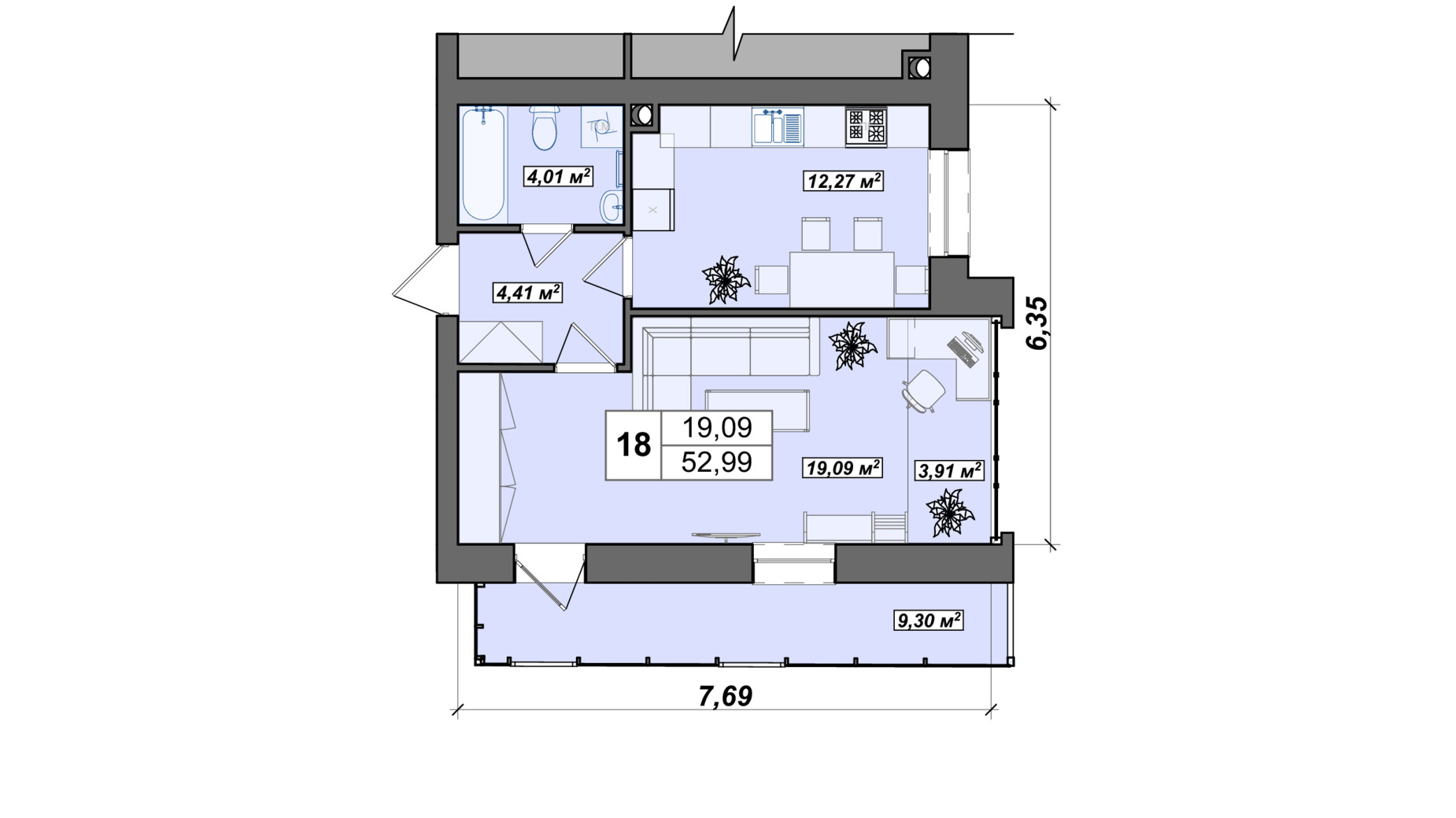 Планировка 1-комнатной квартиры в ЖСК Буковинская 20А 52.99 м², фото 587508