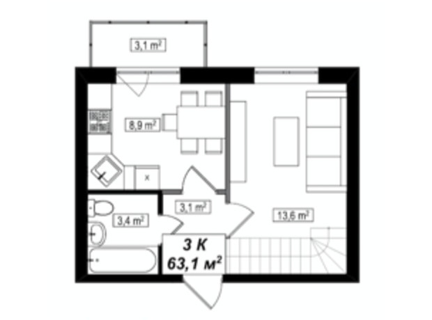 ЖК Амстердам Клубный: планировка 3-комнатной квартиры 63.1 м²
