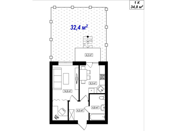 ЖК Амстердам Клубний: планування 1-кімнатної квартири 34.8 м²