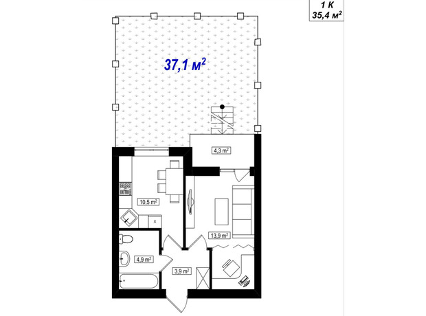 ЖК Амстердам Клубный: планировка 1-комнатной квартиры 35.4 м²