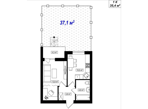 ЖК Амстердам Клубный: планировка 1-комнатной квартиры 35.4 м²