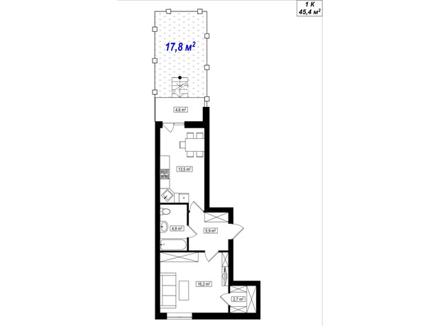 ЖК Амстердам Клубний: планування 1-кімнатної квартири 45.4 м²