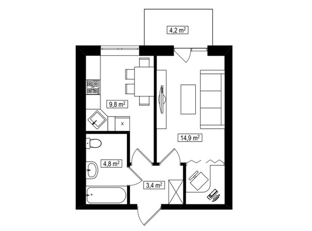 ЖК Амстердам Клубний: планування 1-кімнатної квартири 34.2 м²