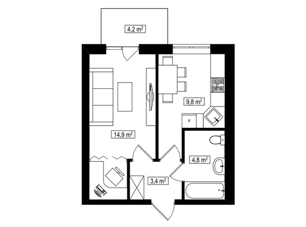 ЖК Амстердам Клубный: планировка 1-комнатной квартиры 34.2 м²