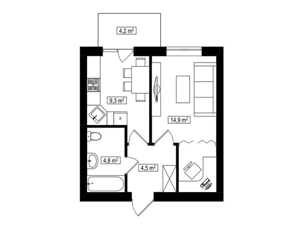 ЖК Амстердам Клубний: планування 1-кімнатної квартири 34.8 м²