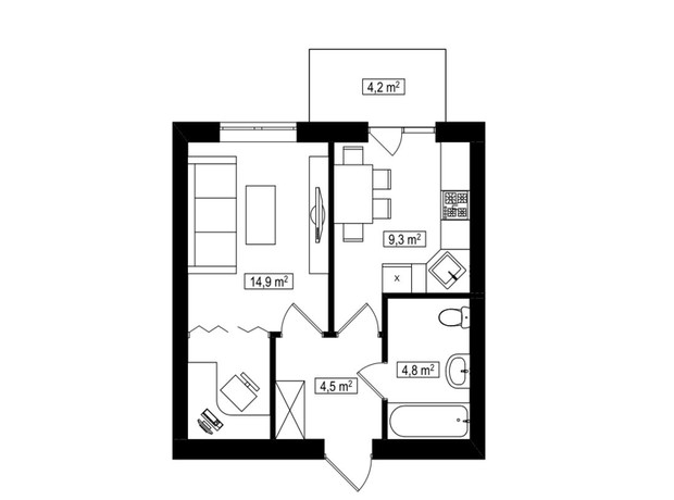 ЖК Амстердам Клубный: планировка 1-комнатной квартиры 34.8 м²