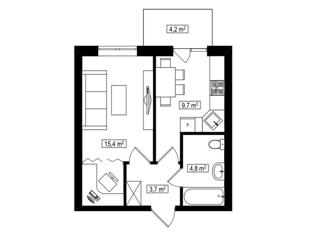 ЖК Амстердам Клубный: планировка 1-комнатной квартиры 34.9 м²