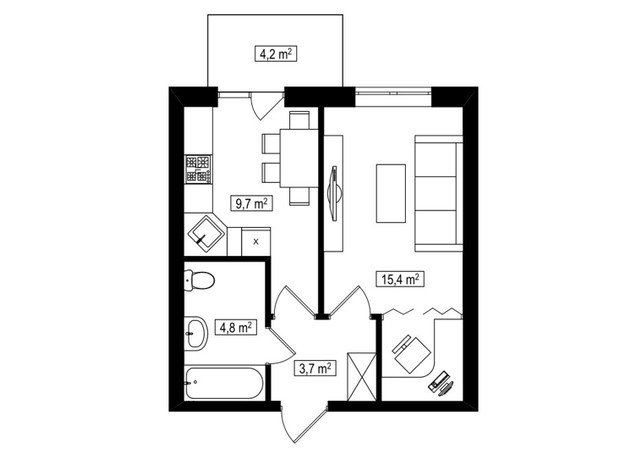 ЖК Амстердам Клубний: планування 1-кімнатної квартири 34.9 м²