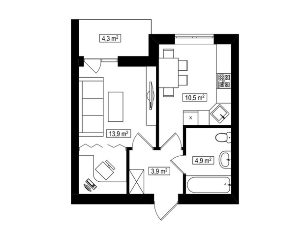 ЖК Амстердам Клубний: планування 1-кімнатної квартири 35.4 м²