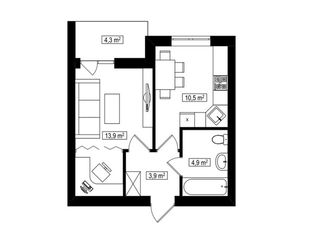 ЖК Амстердам Клубный: планировка 1-комнатной квартиры 35.4 м²