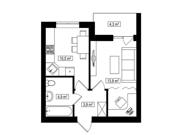 ЖК Амстердам Клубний: планування 1-кімнатної квартири 35.4 м²