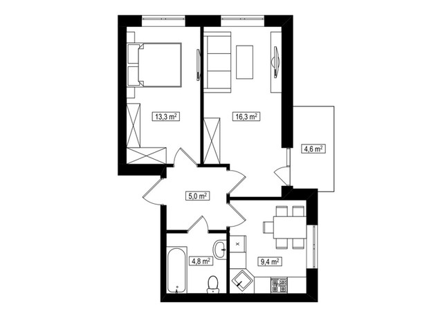 ЖК Амстердам Клубный: планировка 2-комнатной квартиры 51.1 м²