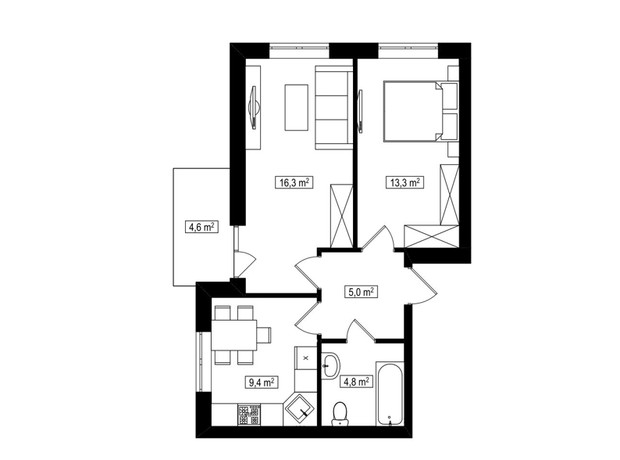 ЖК Амстердам Клубный: планировка 2-комнатной квартиры 51.1 м²