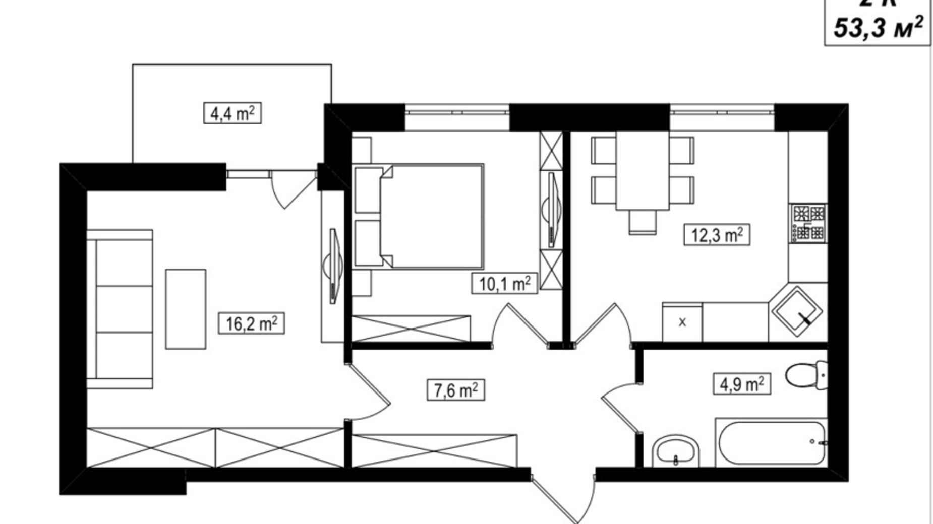 Планування 2-кімнатної квартири в ЖК Амстердам Клубний 53.3 м², фото 588070