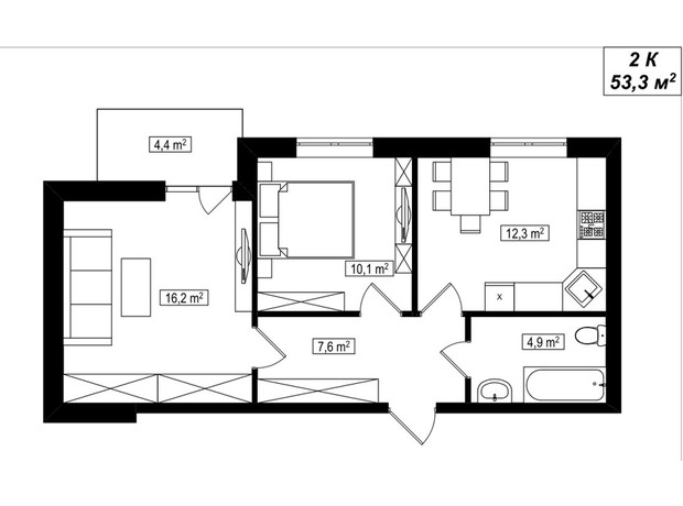 ЖК Амстердам Клубный: планировка 2-комнатной квартиры 53.3 м²